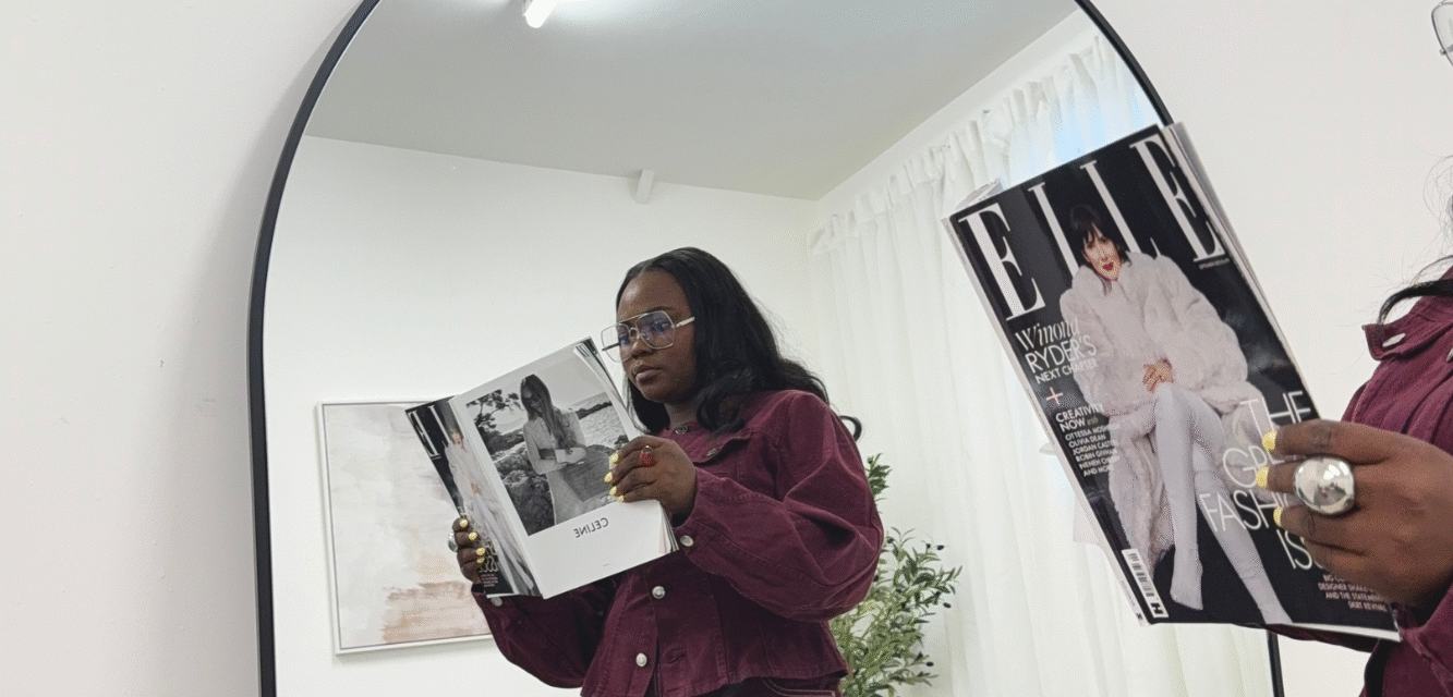 viewing magazine at studio